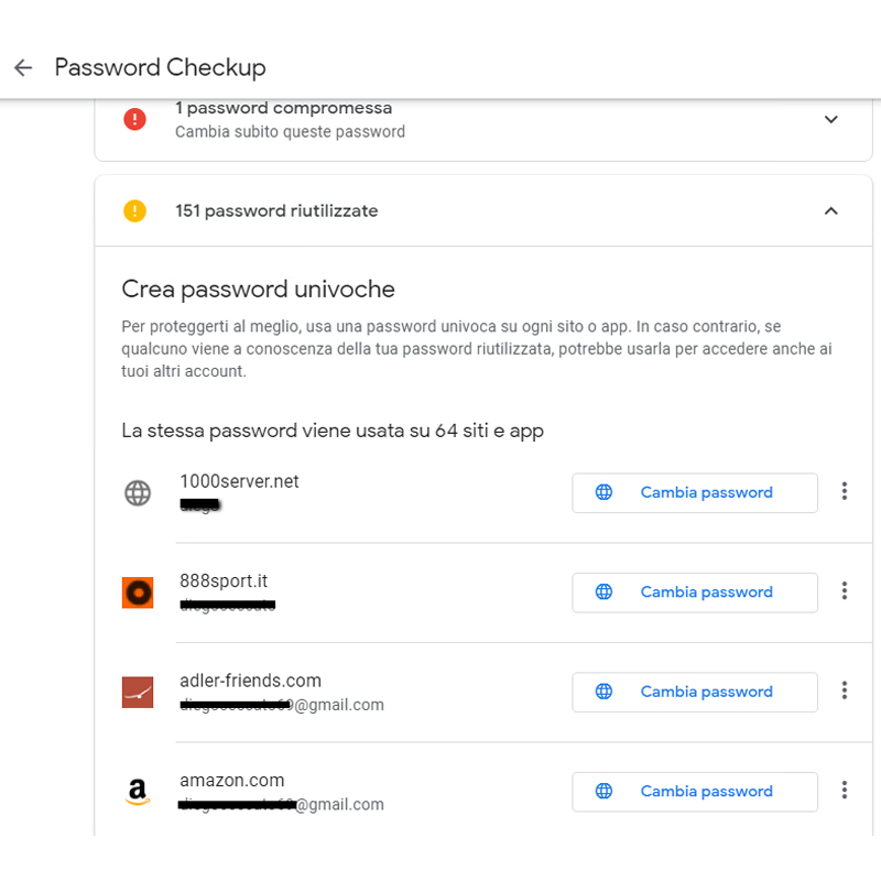Gestione password Google risultato controllo 2