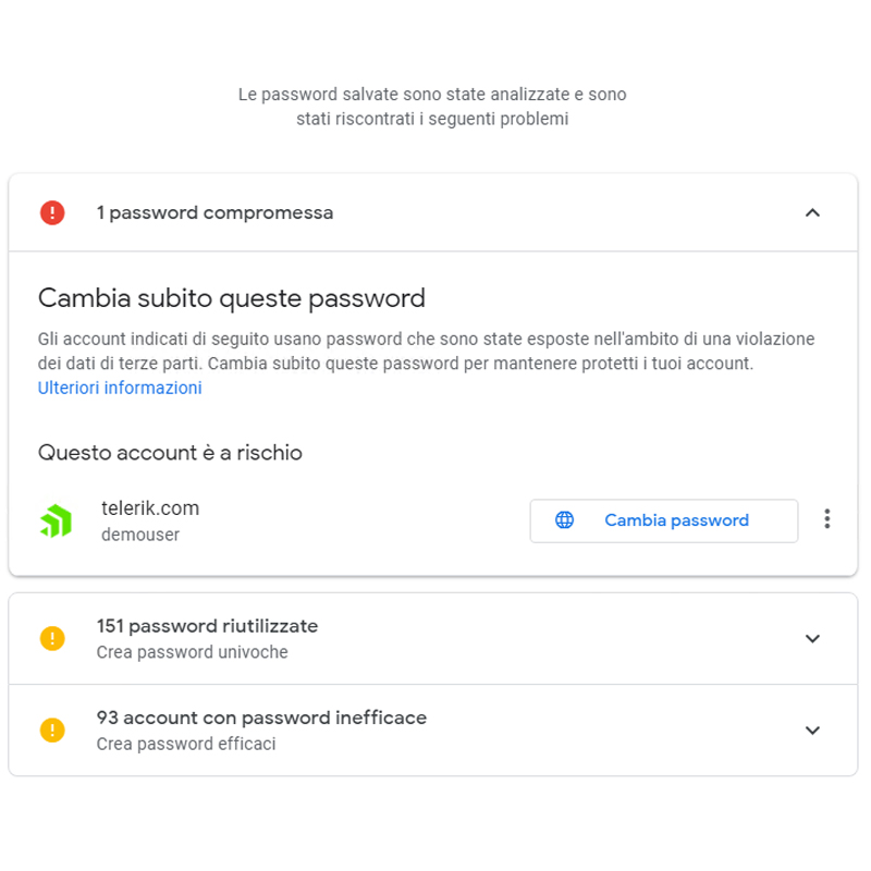 Gestione password Google risultato controllo